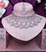 Pink rhodium premium designer american diamond and stone work necklace set