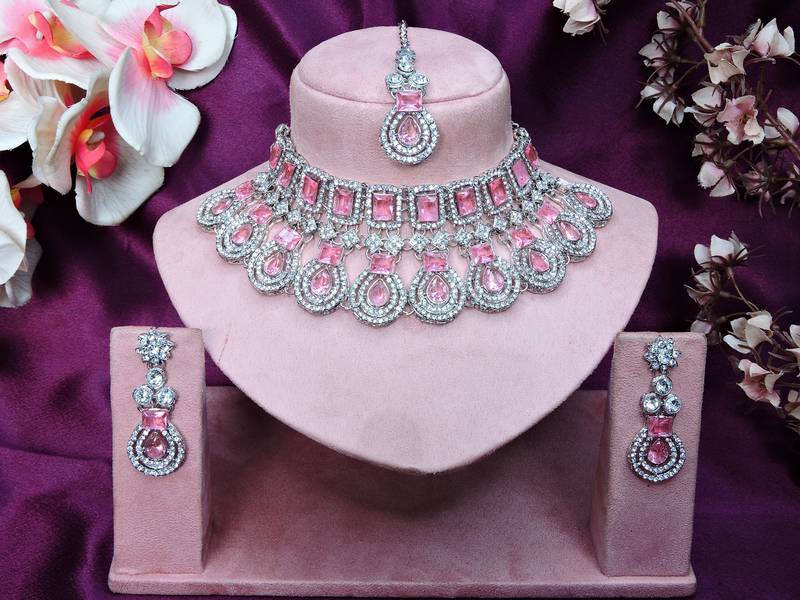 Pink rhodium premium designer american diamond and stone work necklace set