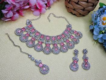 Pink rhodium premium designer american diamond and stone work necklace set 2