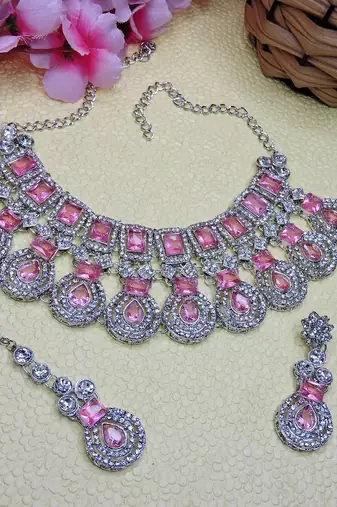 Pink rhodium premium designer american diamond and stone work necklace set