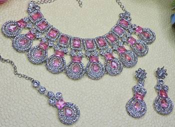 Pink rhodium premium designer american diamond and stone work necklace set 3