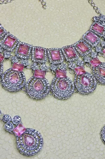 Pink rhodium premium designer american diamond and stone work necklace set