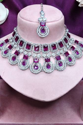 Purple rhodium premium designer american diamond and stone work necklace set