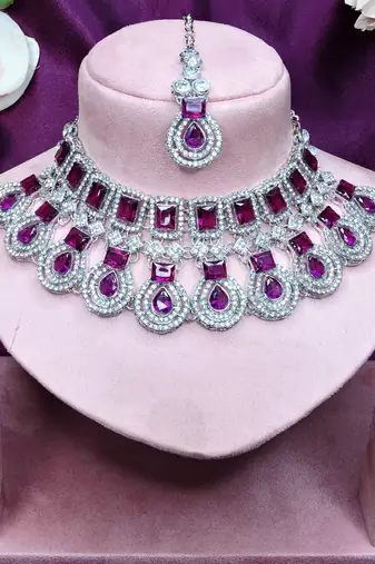 Purple rhodium premium designer american diamond and stone work necklace set
