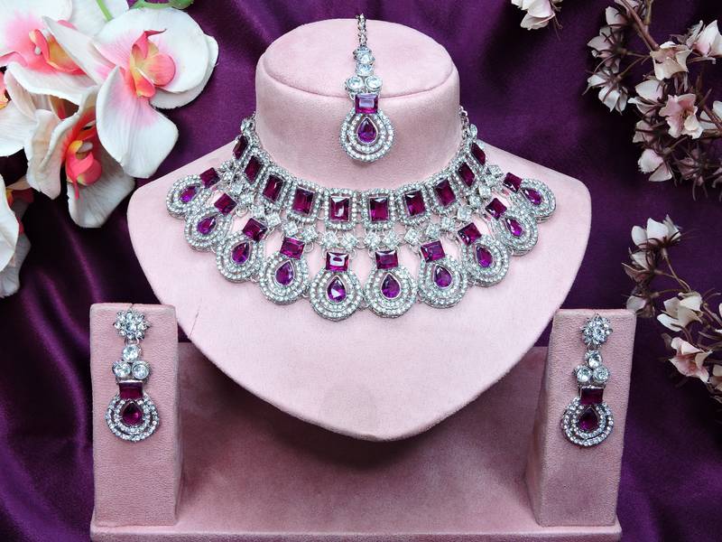 Purple rhodium premium designer american diamond and stone work necklace set