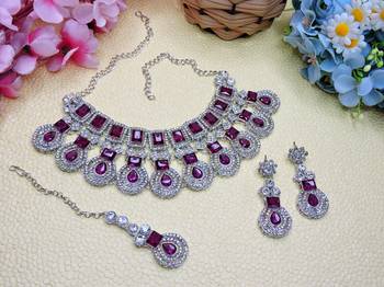 Purple rhodium premium designer american diamond and stone work necklace set 2