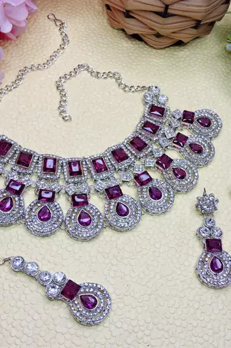 Purple rhodium premium designer american diamond and stone work necklace set