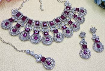 Purple rhodium premium designer american diamond and stone work necklace set 3
