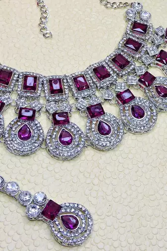 Purple rhodium premium designer american diamond and stone work necklace set