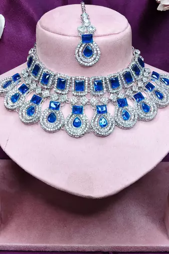 Blue rhodium premium designer american diamond and stone work necklace set