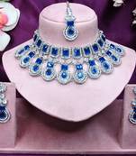 Blue rhodium premium designer american diamond and stone work necklace set