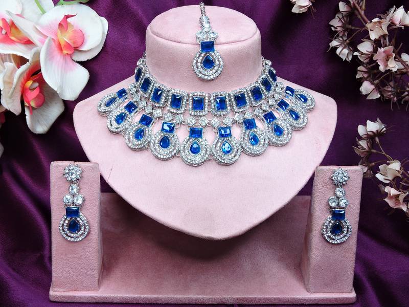 Blue rhodium premium designer american diamond and stone work necklace set