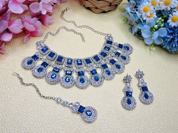 Blue rhodium premium designer american diamond and stone work necklace set 2