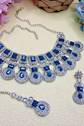 Blue rhodium premium designer american diamond and stone work necklace set