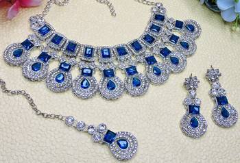 Blue rhodium premium designer american diamond and stone work necklace set 3