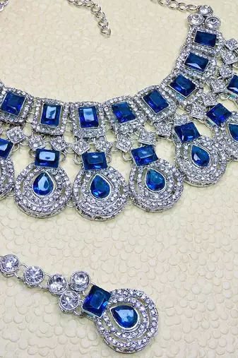 Blue rhodium premium designer american diamond and stone work necklace set