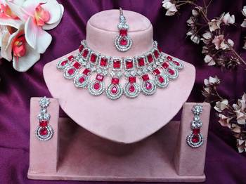 Pink rhodium premium designer american diamond and stone work necklace set 1