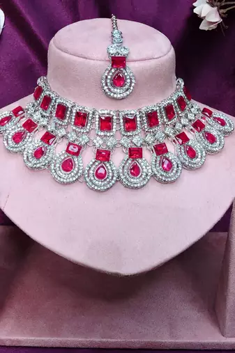 Pink rhodium premium designer american diamond and stone work necklace set