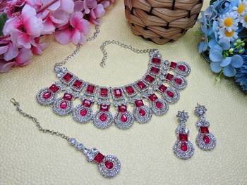 Pink rhodium premium designer american diamond and stone work necklace set 2