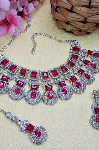 Pink rhodium premium designer american diamond and stone work necklace set
