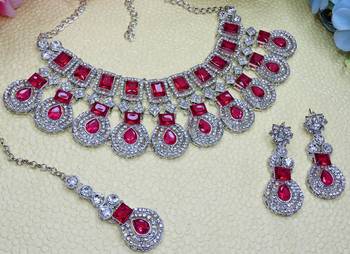 Pink rhodium premium designer american diamond and stone work necklace set 3