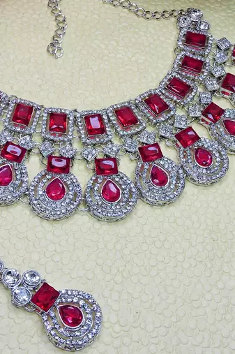 Pink rhodium premium designer american diamond and stone work necklace set