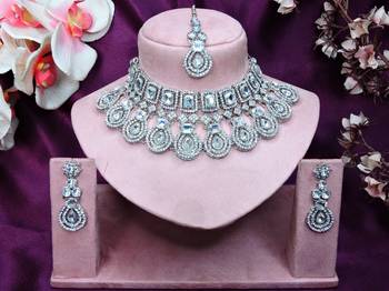 White rhodium premium designer american diamond and stone work necklace set 1