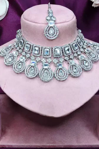 White rhodium premium designer american diamond and stone work necklace set