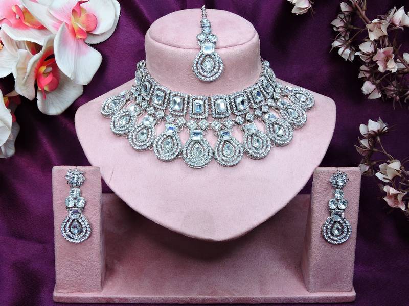 White rhodium premium designer american diamond and stone work necklace set
