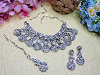 White rhodium premium designer american diamond and stone work necklace set 2