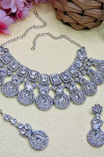 White rhodium premium designer american diamond and stone work necklace set