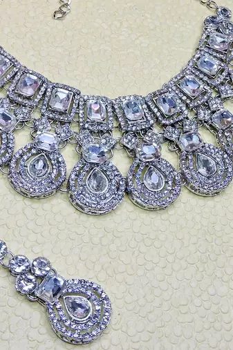 White rhodium premium designer american diamond and stone work necklace set