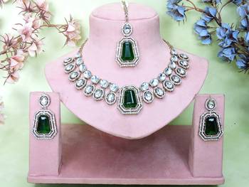 Green yellow gold premium designer american diamond and stone work necklace set 1