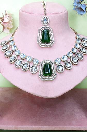 Green yellow gold premium designer american diamond and stone work necklace set