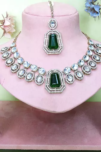 Green yellow gold premium designer american diamond and stone work necklace set