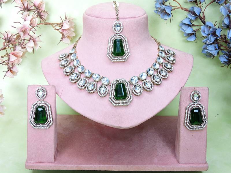 Green yellow gold premium designer american diamond and stone work necklace set