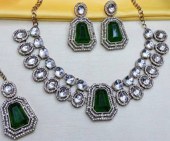 Green yellow gold premium designer american diamond and stone work necklace set 2