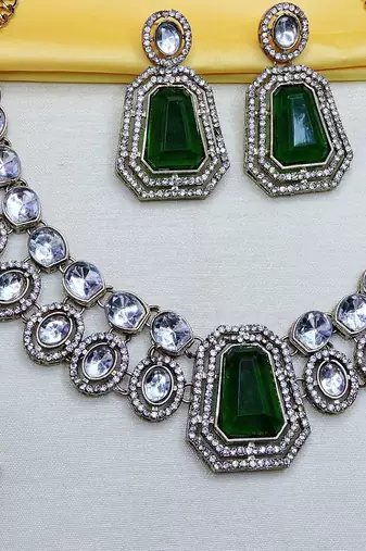 Green yellow gold premium designer american diamond and stone work necklace set
