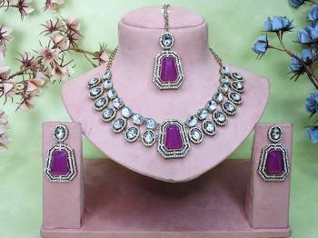 Purple yellow gold premium designer american diamond and stone work necklace set 1