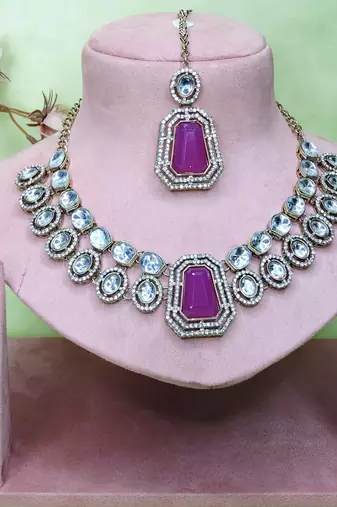 Purple yellow gold premium designer american diamond and stone work necklace set