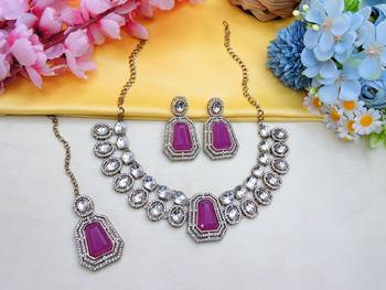 Purple yellow gold premium designer american diamond and stone work necklace set 2