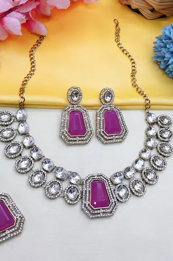 Purple yellow gold premium designer american diamond and stone work necklace set