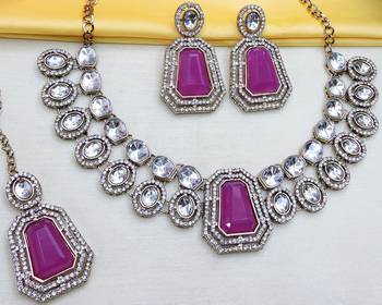 Purple yellow gold premium designer american diamond and stone work necklace set 3