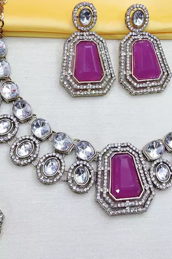 Purple yellow gold premium designer american diamond and stone work necklace set