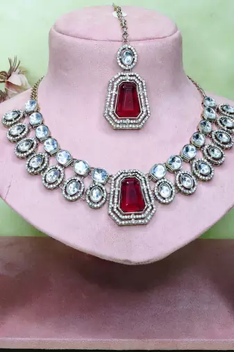 Maroon yellow gold premium designer american diamond and stone work necklace set
