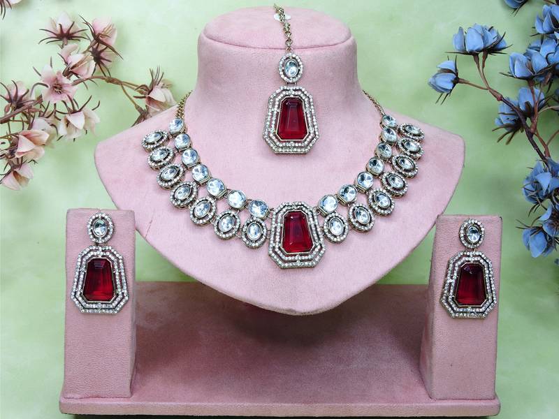 Maroon yellow gold premium designer american diamond and stone work necklace set
