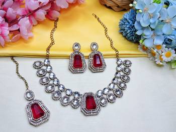 Maroon yellow gold premium designer american diamond and stone work necklace set 2