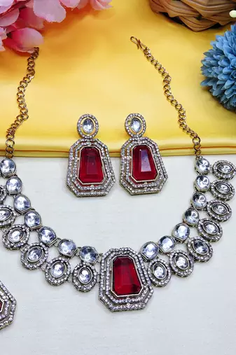 Maroon yellow gold premium designer american diamond and stone work necklace set
