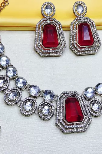Maroon yellow gold premium designer american diamond and stone work necklace set