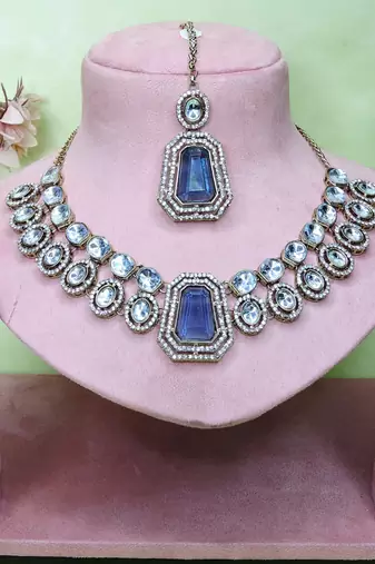 Blue yellow gold premium designer american diamond and stone work necklace set
